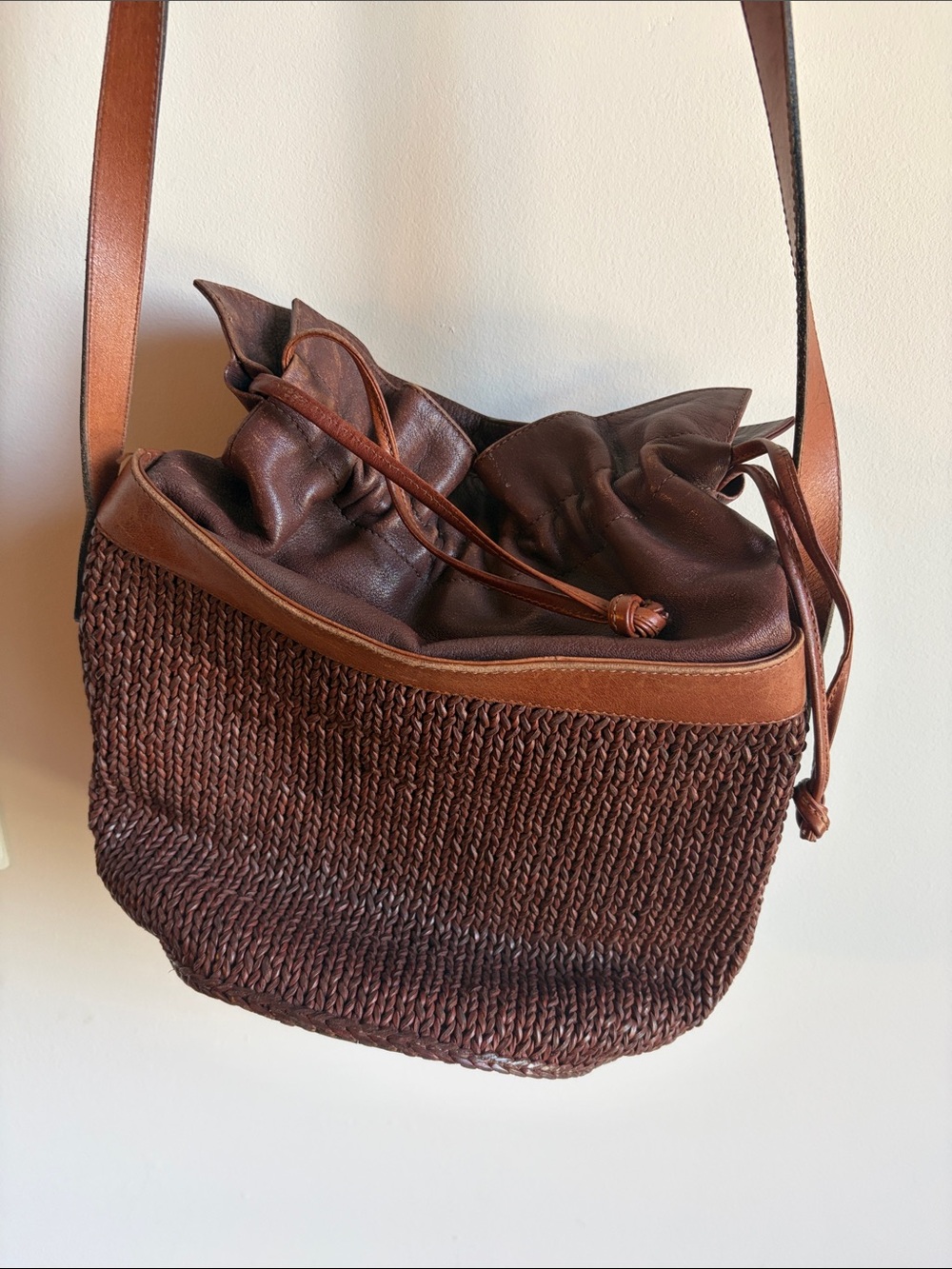 Vintage Cole Haan Brown Woven Leather-Trim Bucket Shoulder Bag